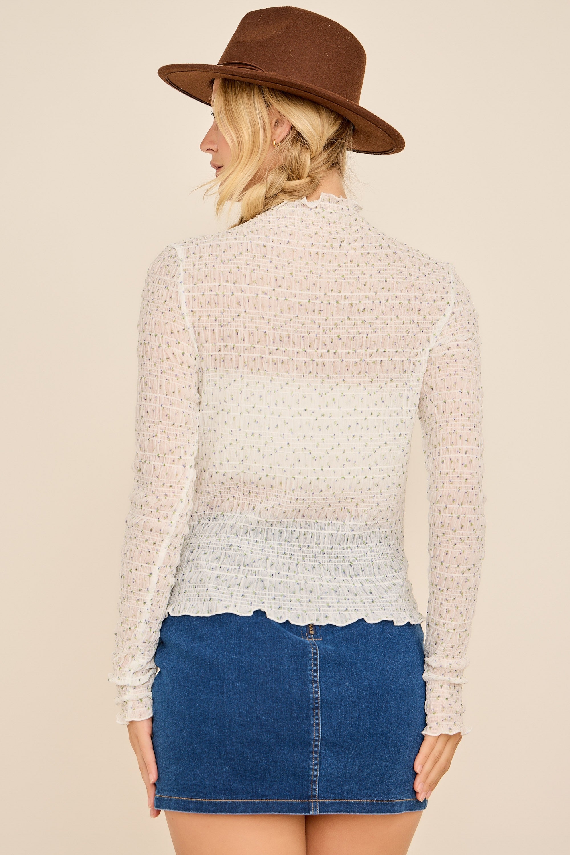 White Floral Long Sleeve Top With Ruffle Trim