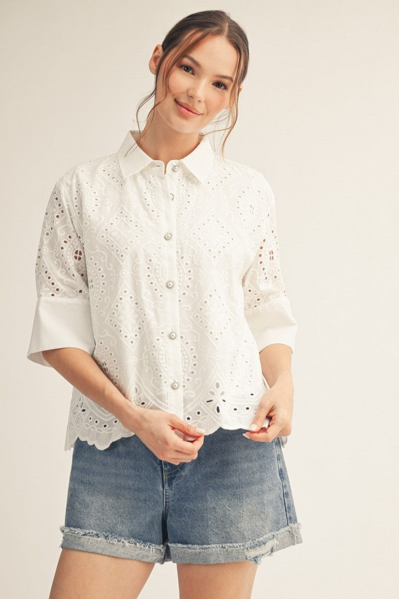 White Scalloped Hem Button Down Eyelet Top