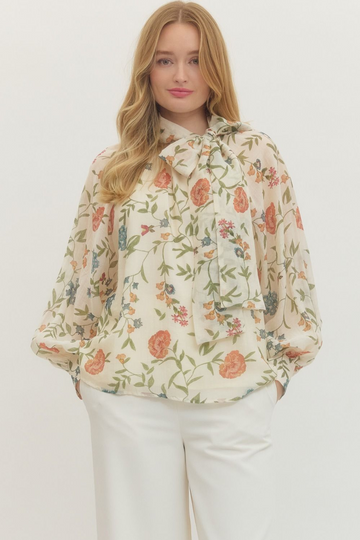 Ecru Floral Long Sleeve Tied Shirt
