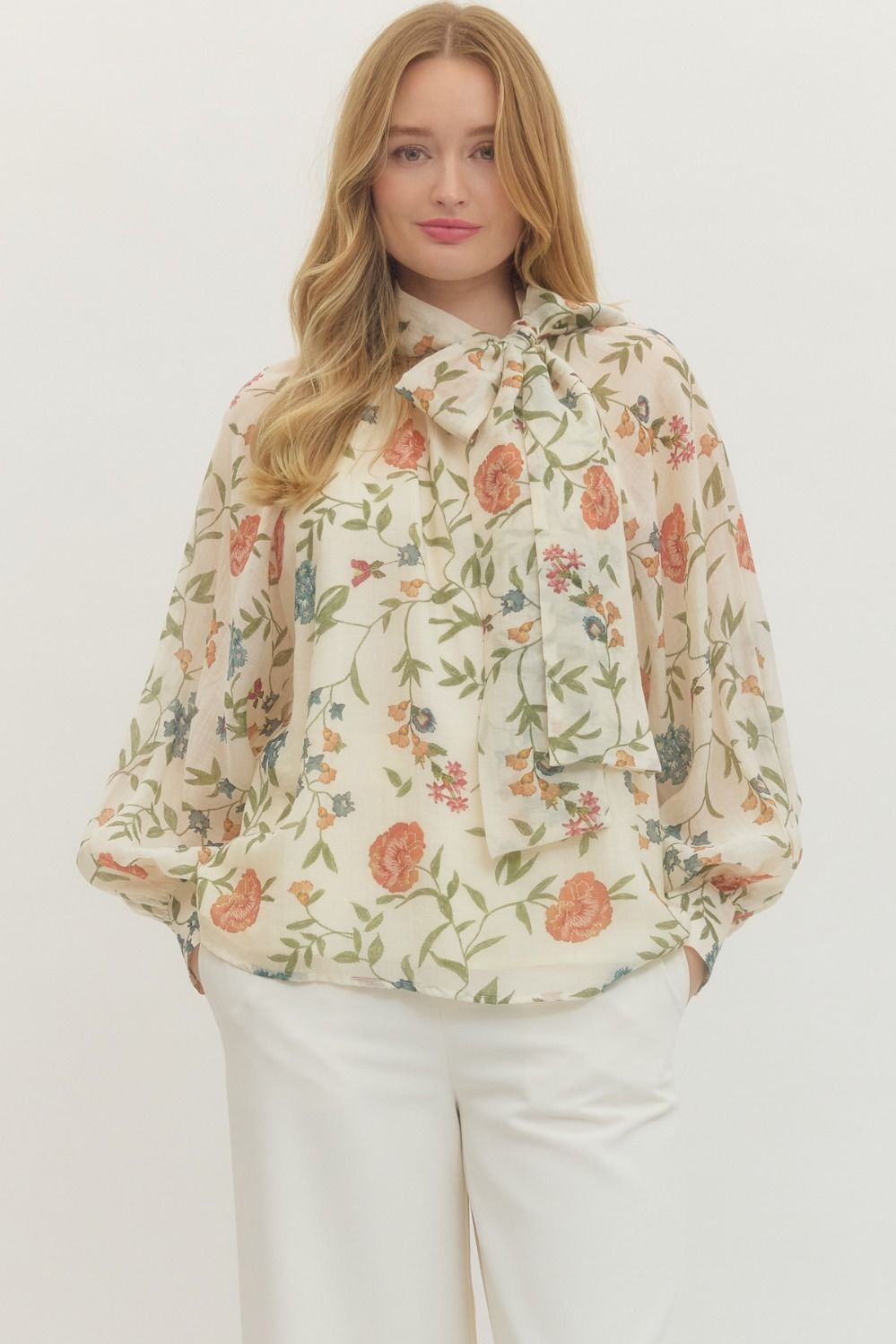 Ecru Floral Long Sleeve Tied Shirt