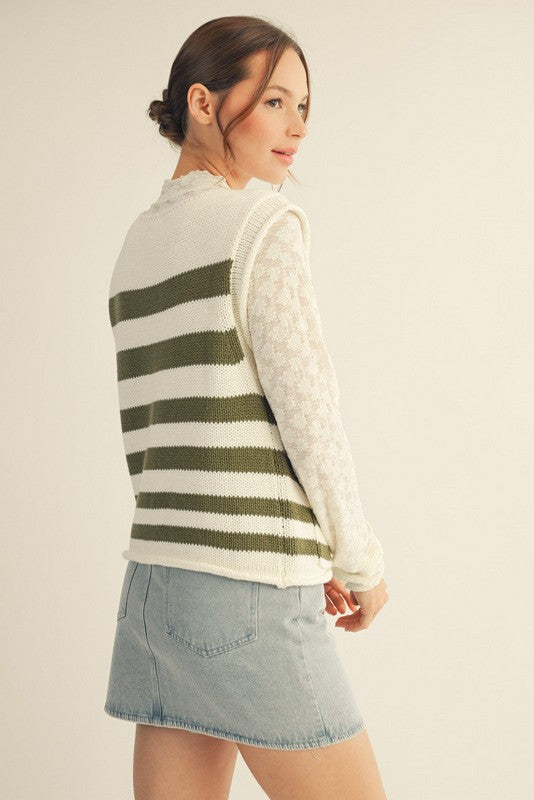 Stripe Sweater Vest With Gold Buttons