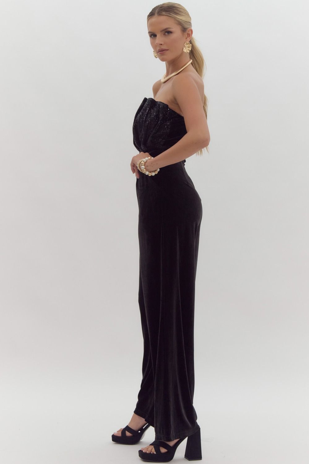Black Strapless Sequin Top Jumpsuit