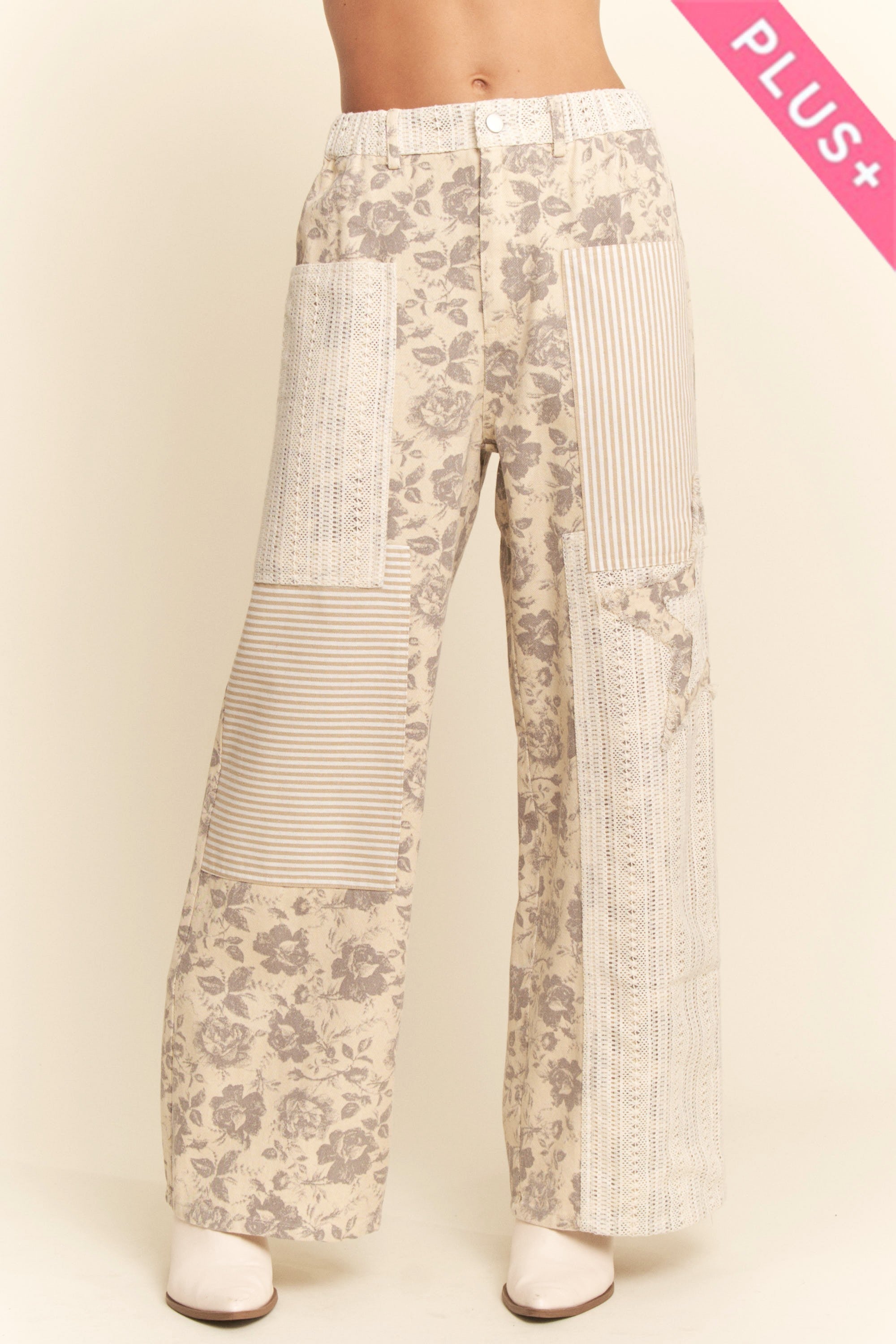 Curvy Taupe Floral and Stripe Pants