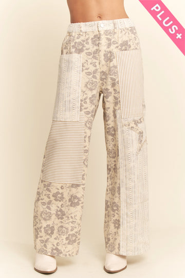 Curvy Taupe Floral and Stripe Pants