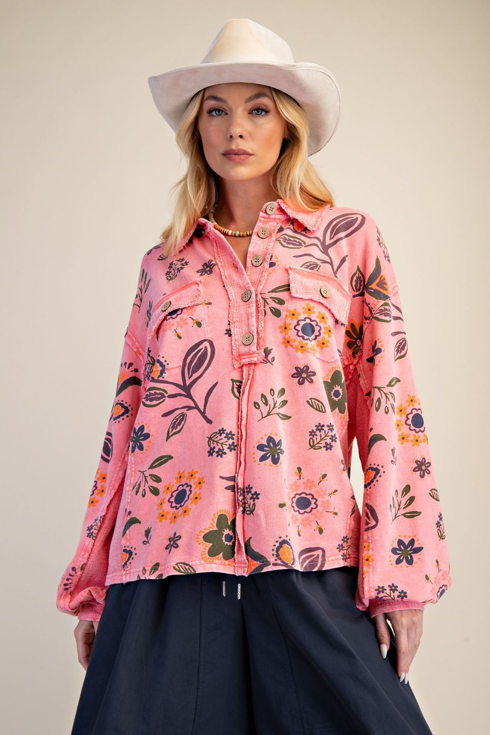 Coral Floral Collared Top