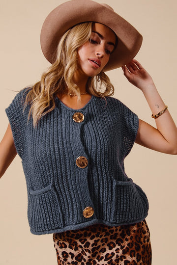 Midnight Blue Big Button Sweater Vest