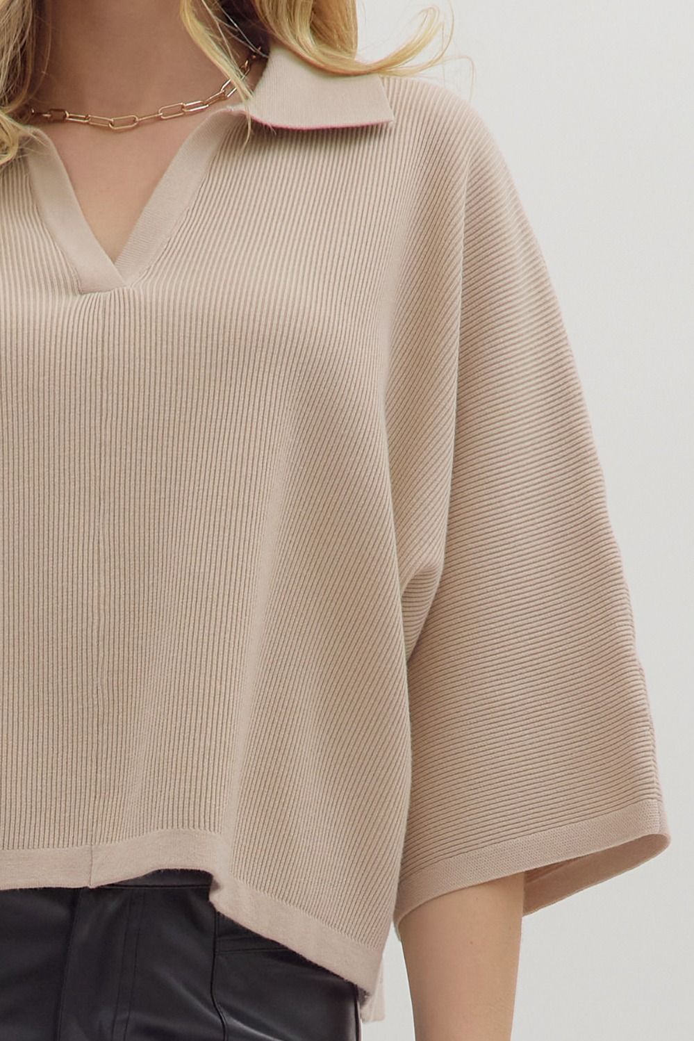 Stone Ribbed Collared Dolman Top