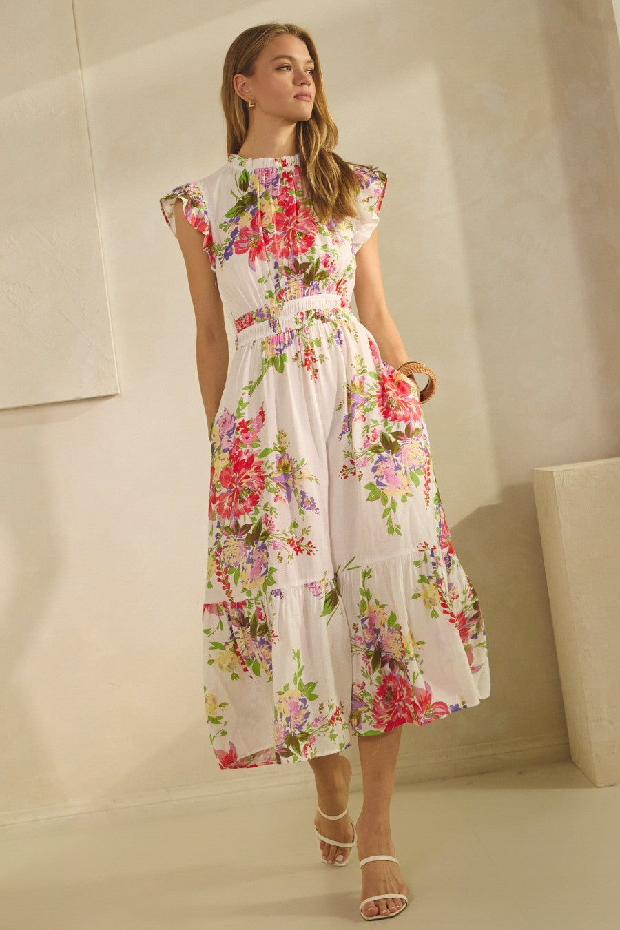 Curvy Mint Floral Flutter Sleeve Dress