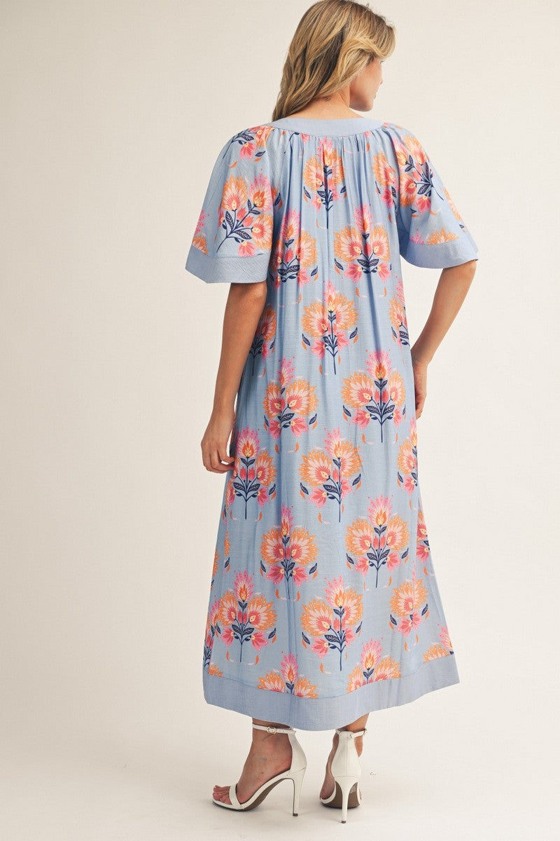 Blue Floral Flutter Sleeve Midi Dress