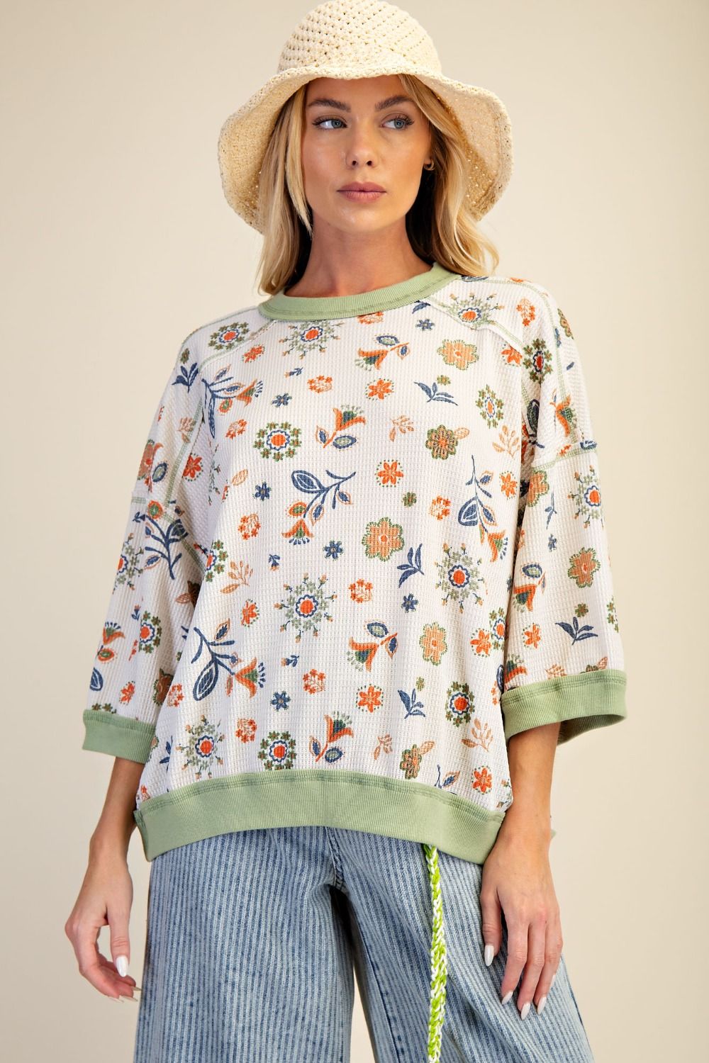 Sage Floral Waffle Knit Short Sleeve Top
