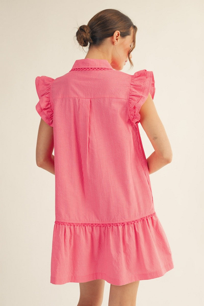 Pink Layered Ruffle Cap Sleeve Pinstripe Dress
