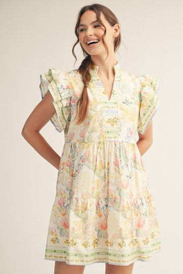 Ruffled Sleeve Cactus Babydoll Dress