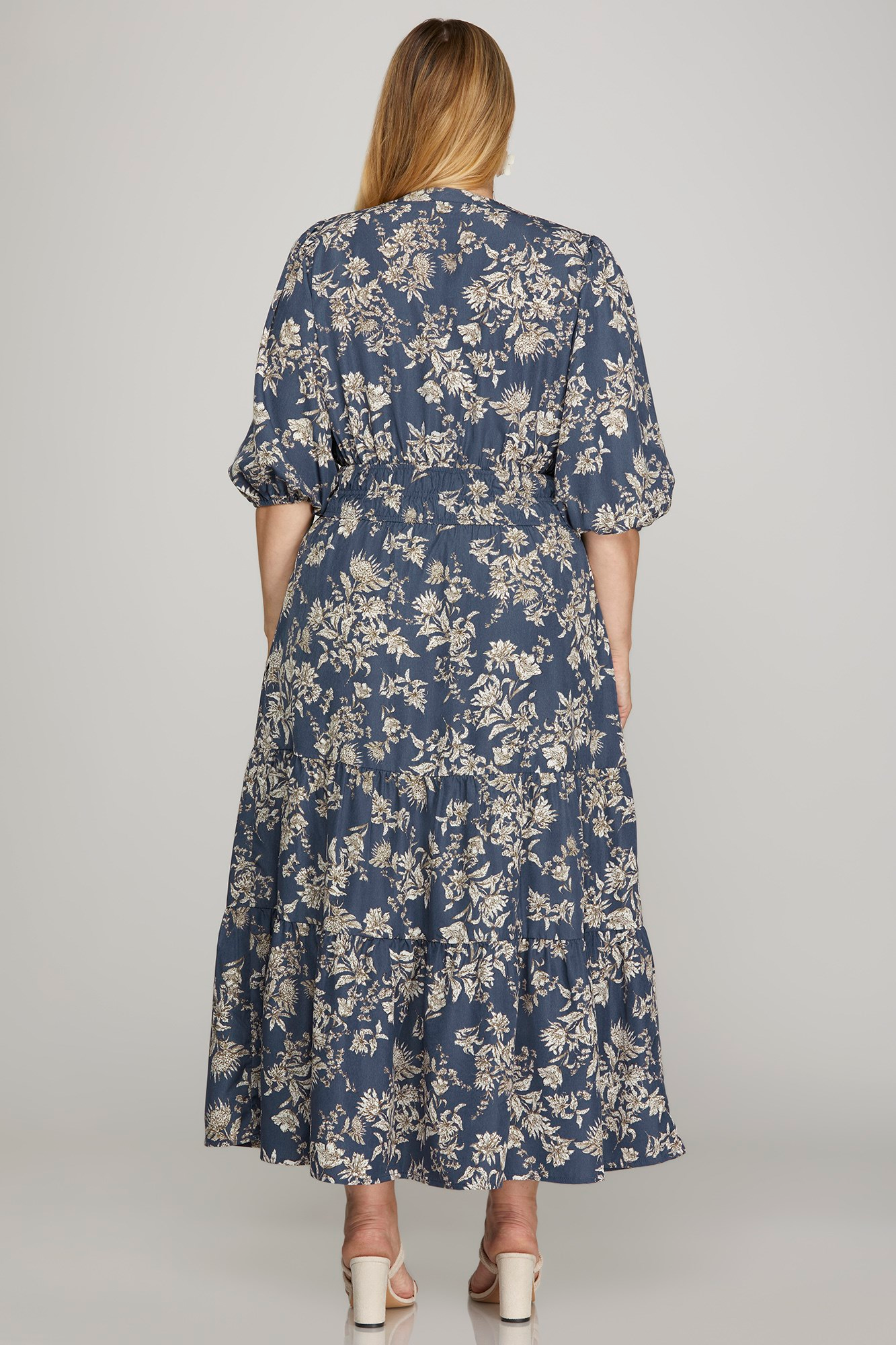 Curvy Dusty Blue Floral V-Neck Dress