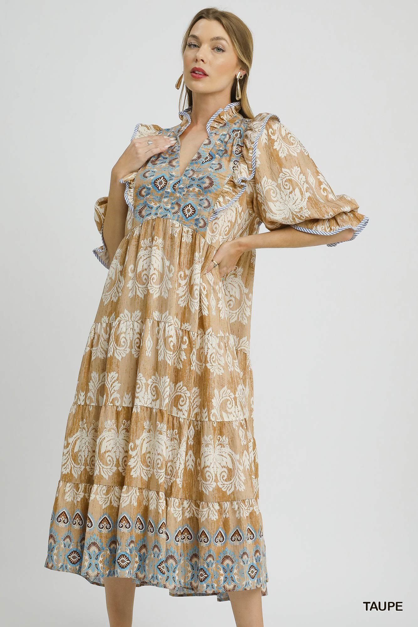Taupe Damask Tiered Midi Dress With Ruffles