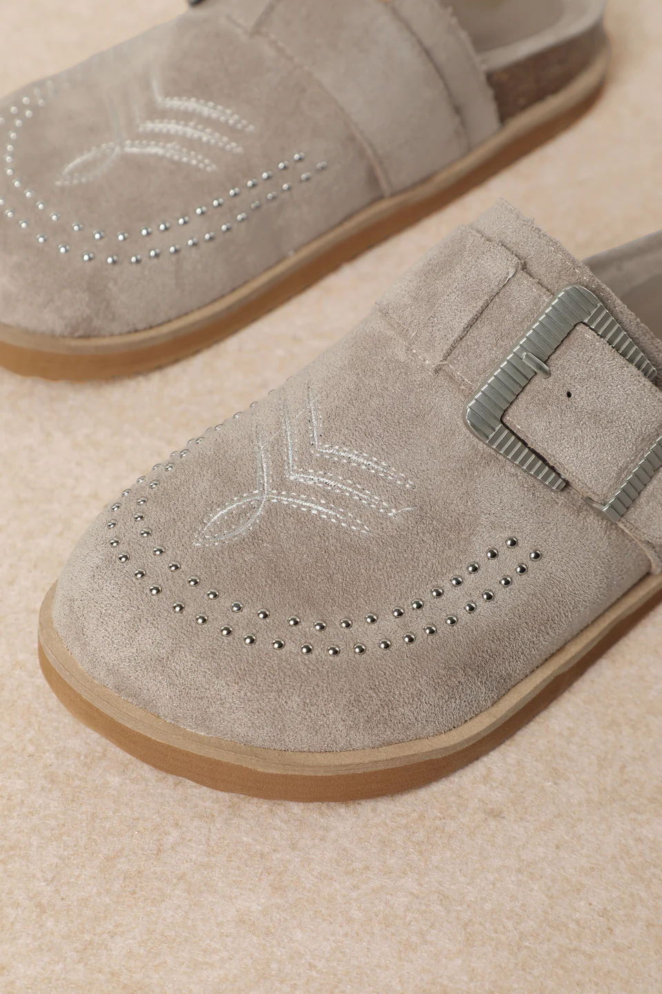 Grey Western Buckle Mules