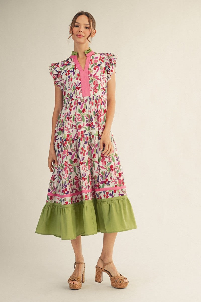 Pink Ruffled Cap Sleeve Floral Dress