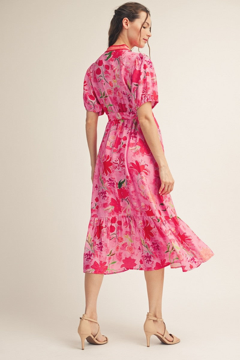 Pink Floral V-Neck Elastic Waist Midi Dress
