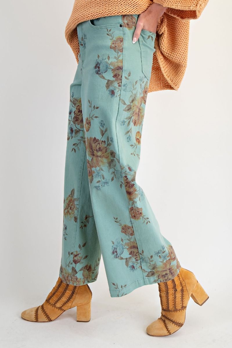 Curvy Mint Floral Wide Leg Pants