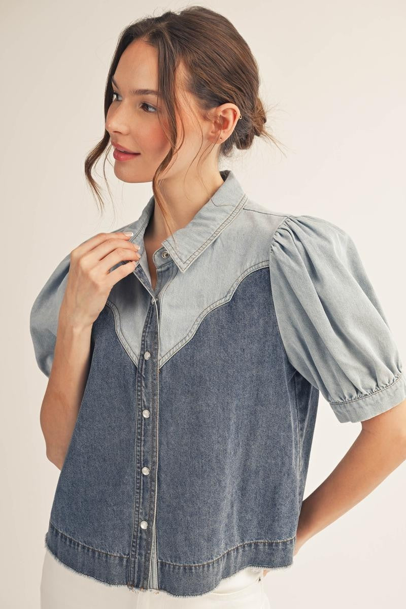 Button Down Two Tone Washed Denim Top