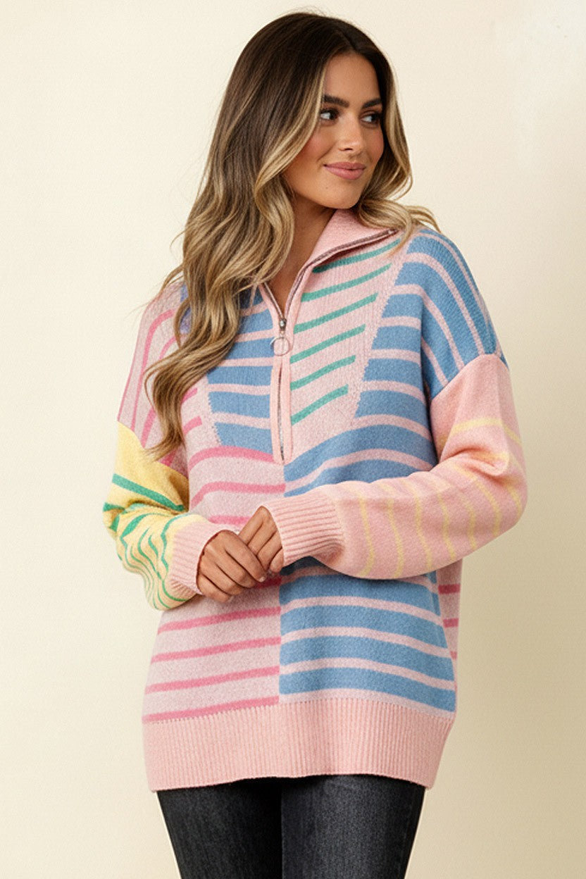 Curvy Stripe Colorblock Half Zip Sweater