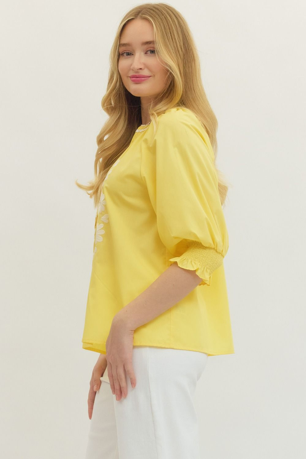 Curvy Yellow Embroidered 3/4 Sleeve Top