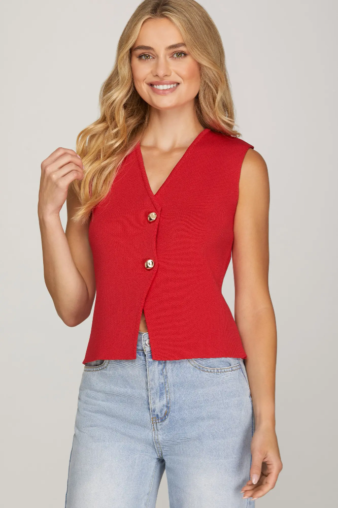 Sleeveless Gold Button Knit Sweater Vest