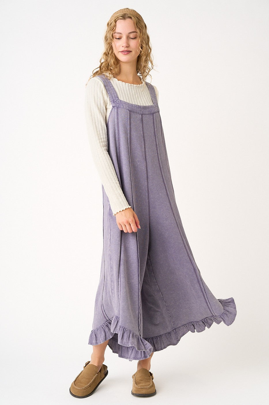Mineral Wash Ruffle Wide Leg Jumpsuit