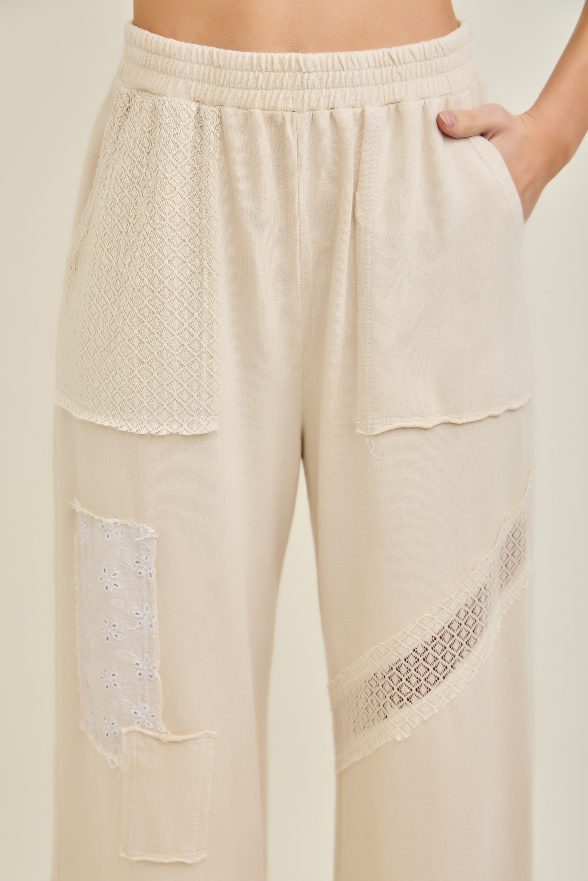 Beige Patchwork and Floral Applique Pants