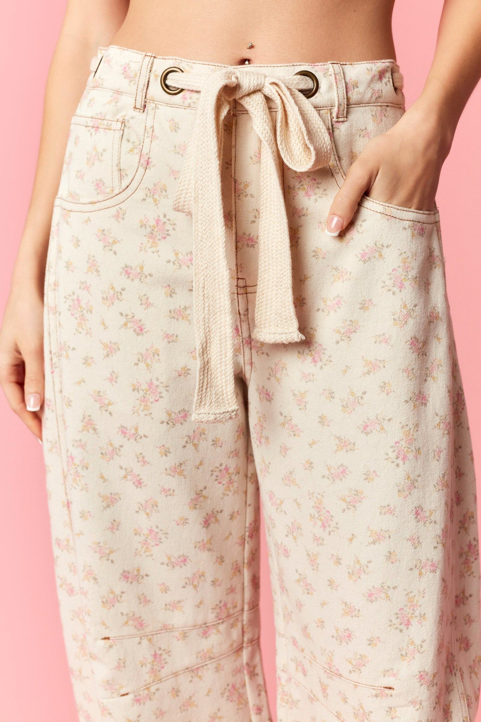 Pink Ditsy Floral Barrel Leg Denim Pants with Tie