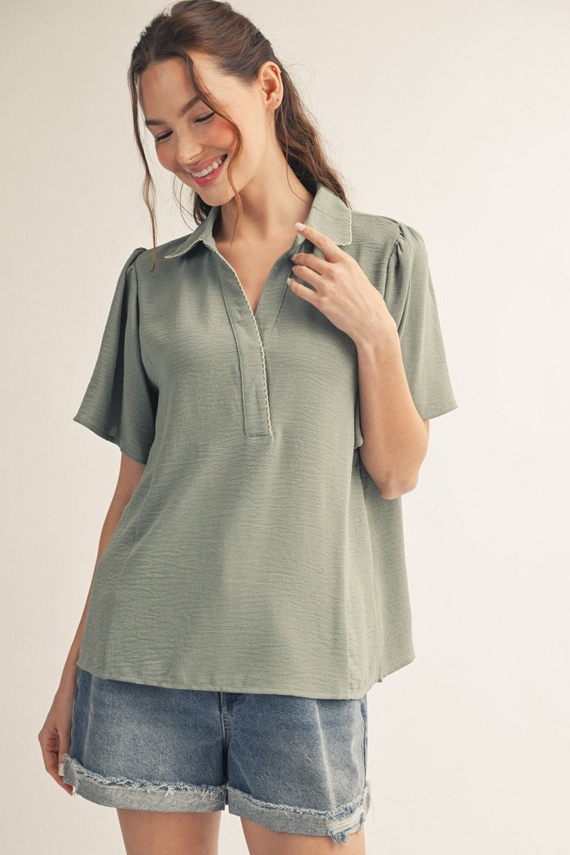 Sage Flutter Sleeve Embroidered Trim Top