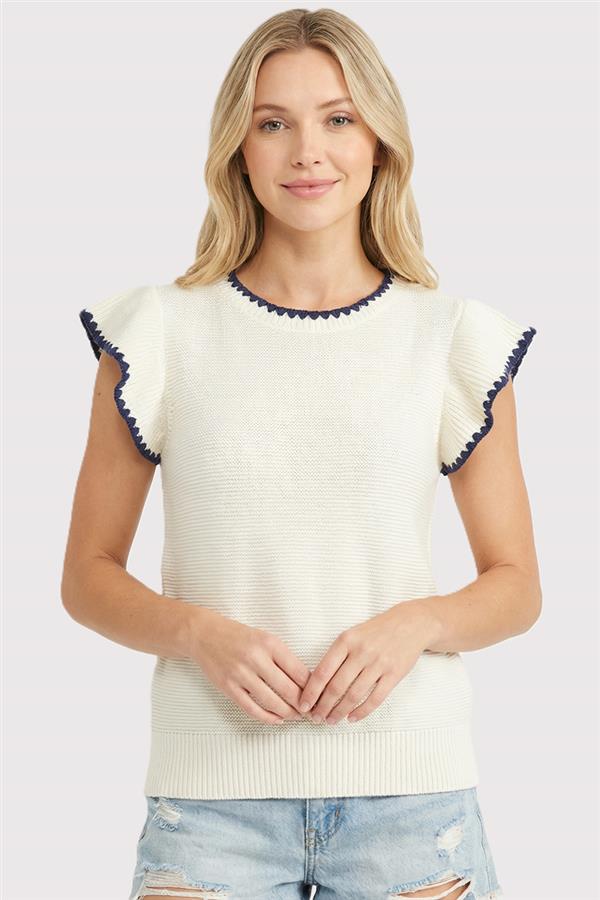 Blanket Stitched Edges Crew Neck Ruffle Sleeve Sweater