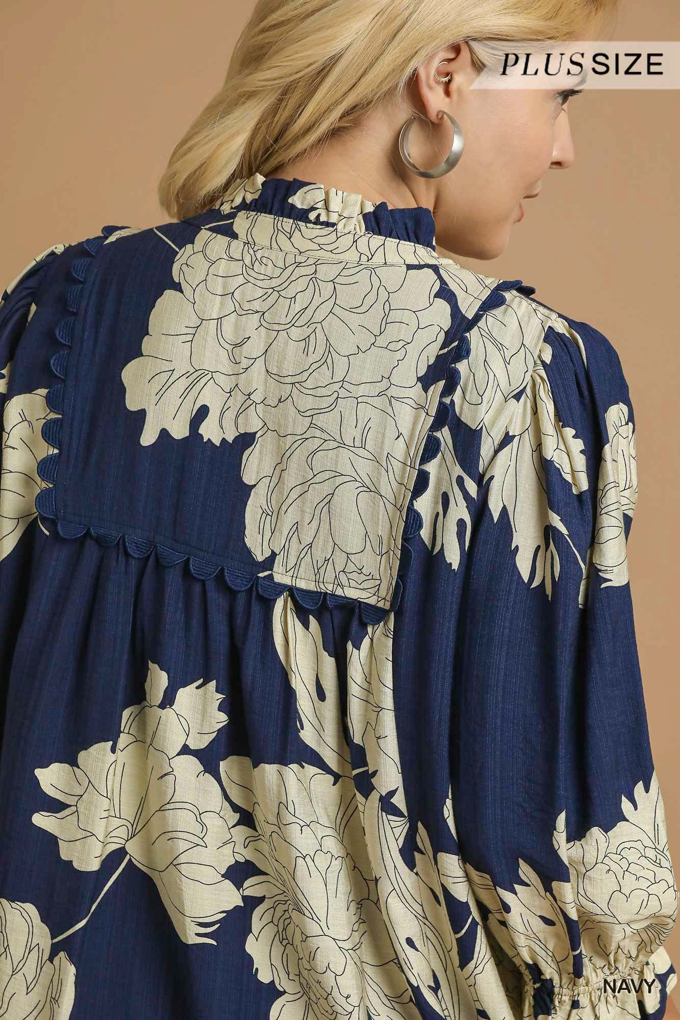 Curvy Navy Floral Tiered Babydoll Dress