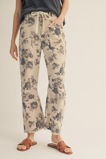 Belted Taupe Floral Barrel Pants