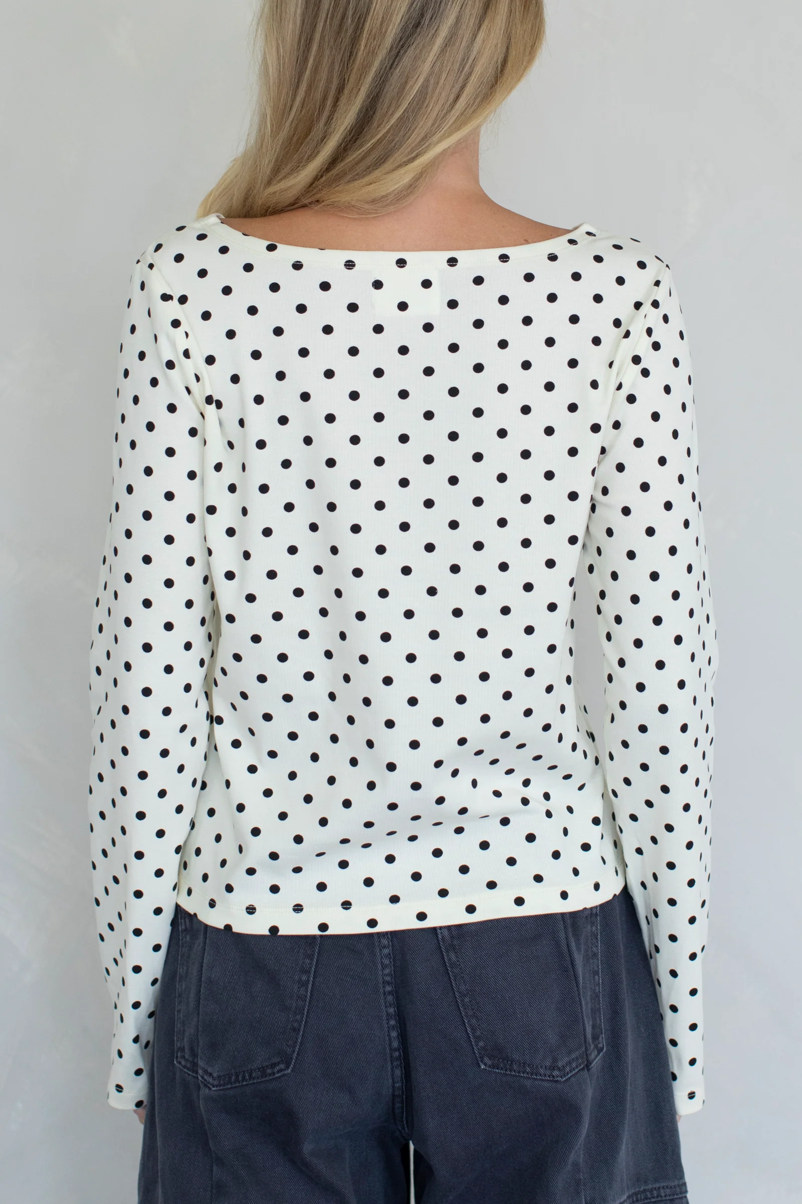 Long Sleeve Boat Neck Polka dot Top