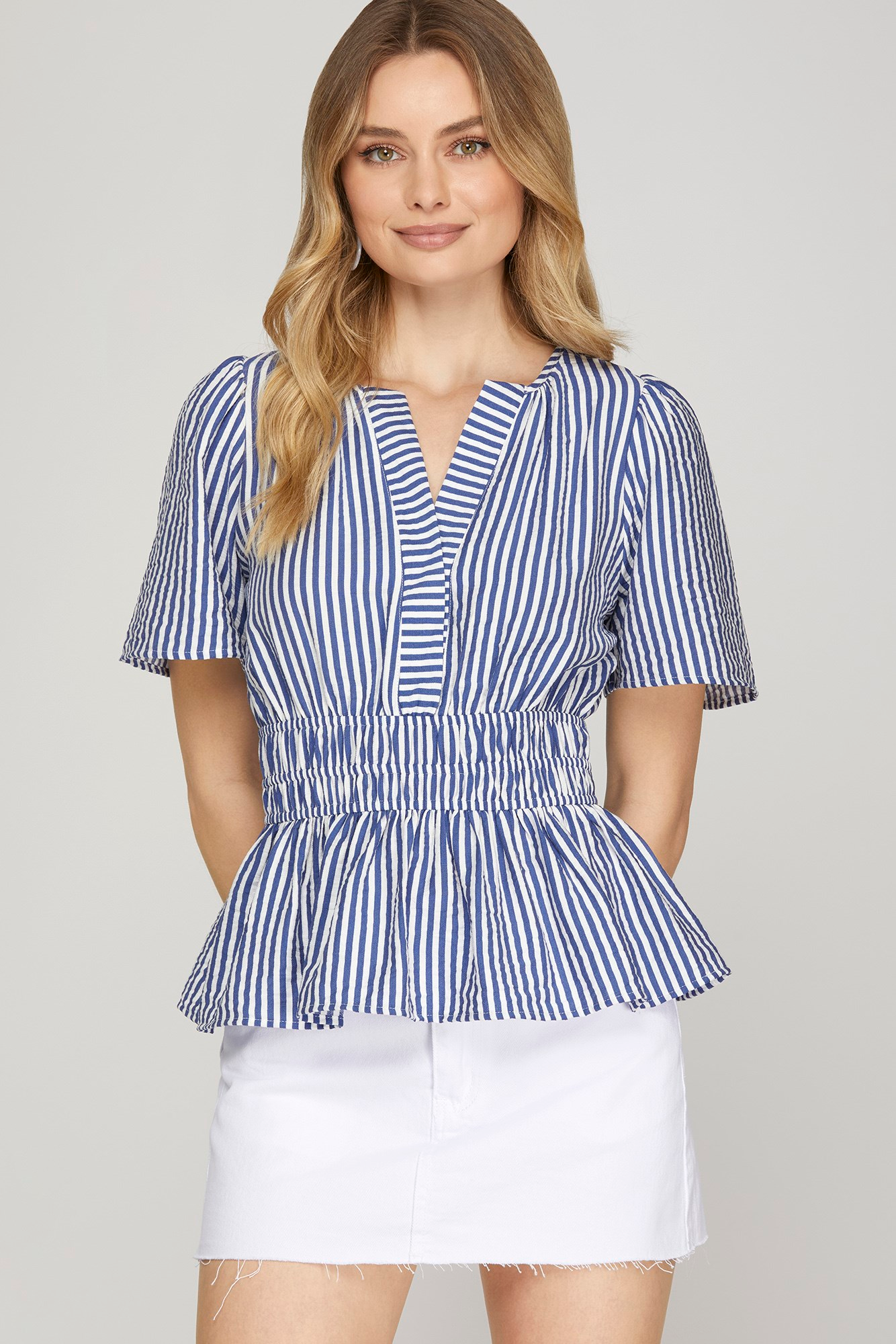 Navy Striped Top With Elastic Waist