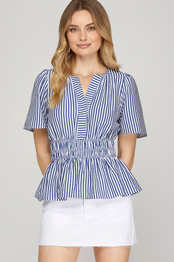 Navy Striped Top With Elastic Waist