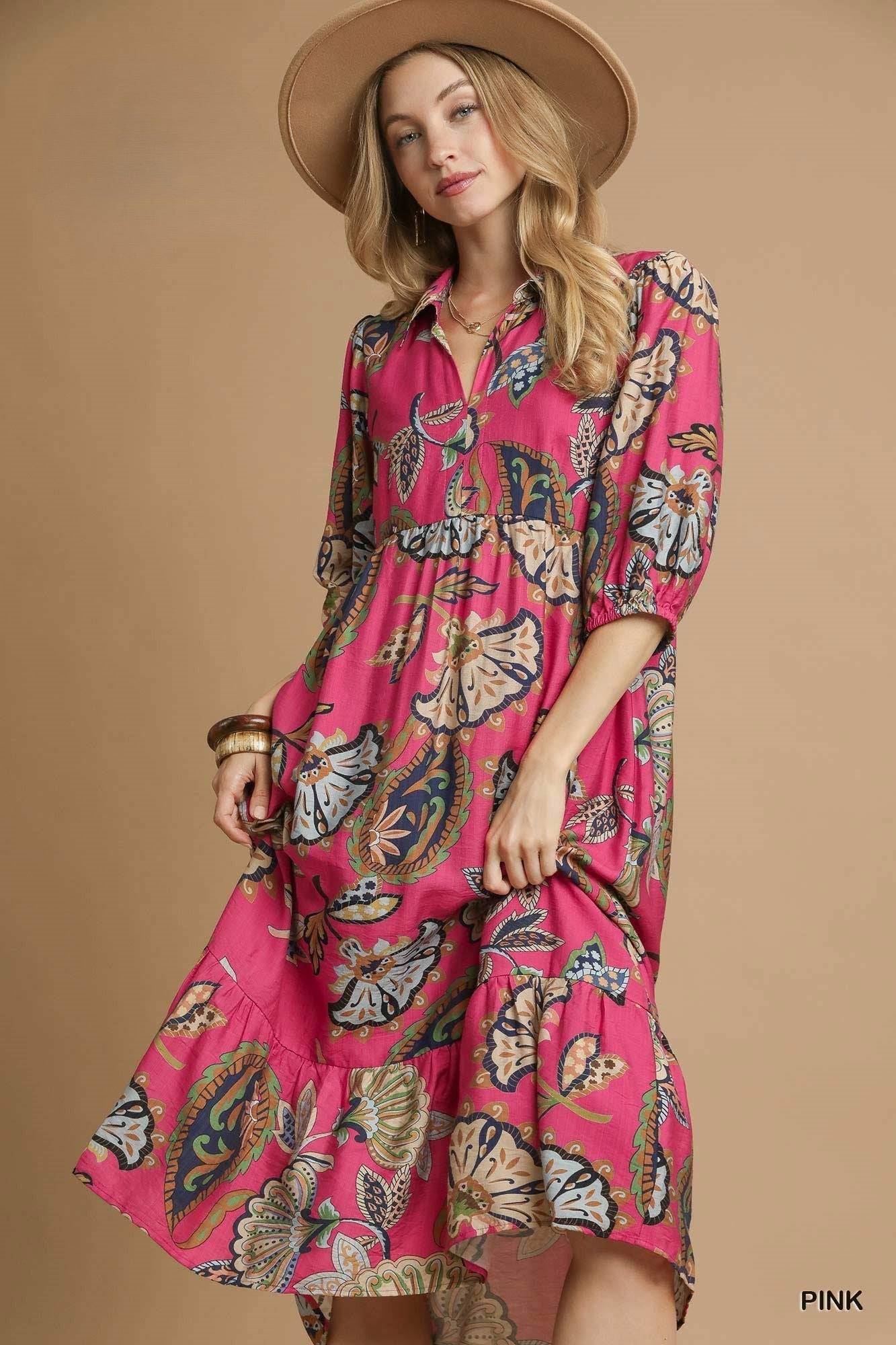 Paisley Puff Sleeve Tiered Midi Dress