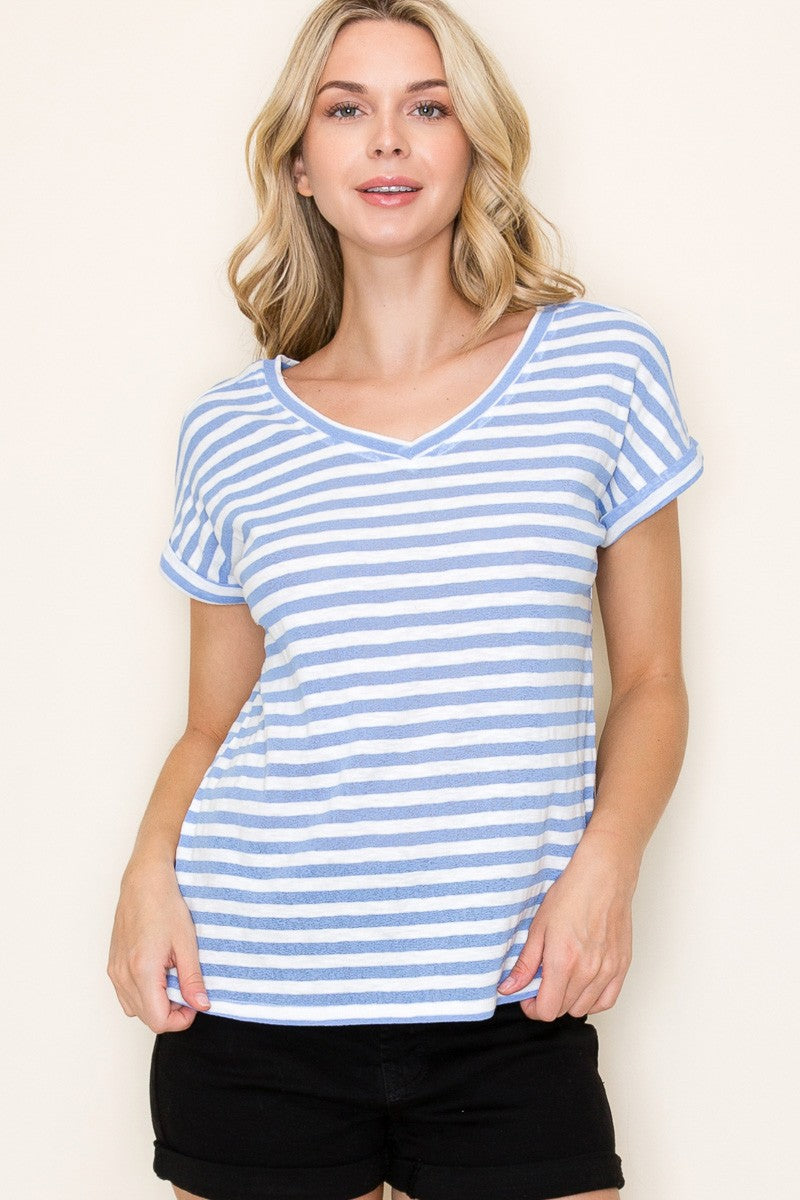 Short Sleeve Striped V-Neck Top