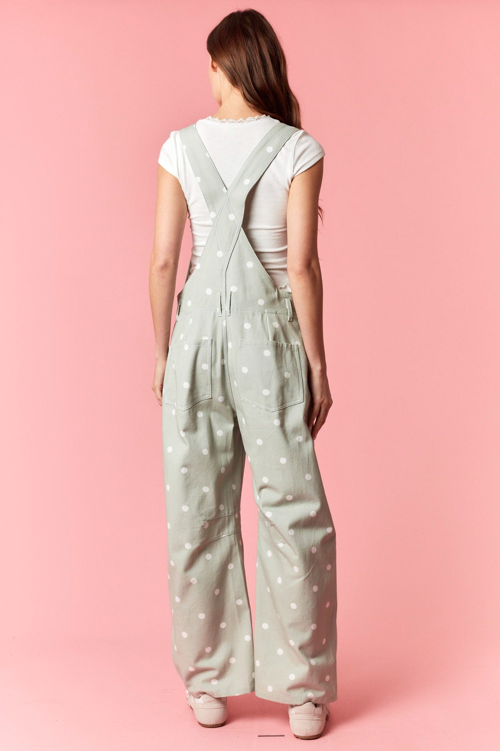 Sage Polka Dot barrel Leg Overalls