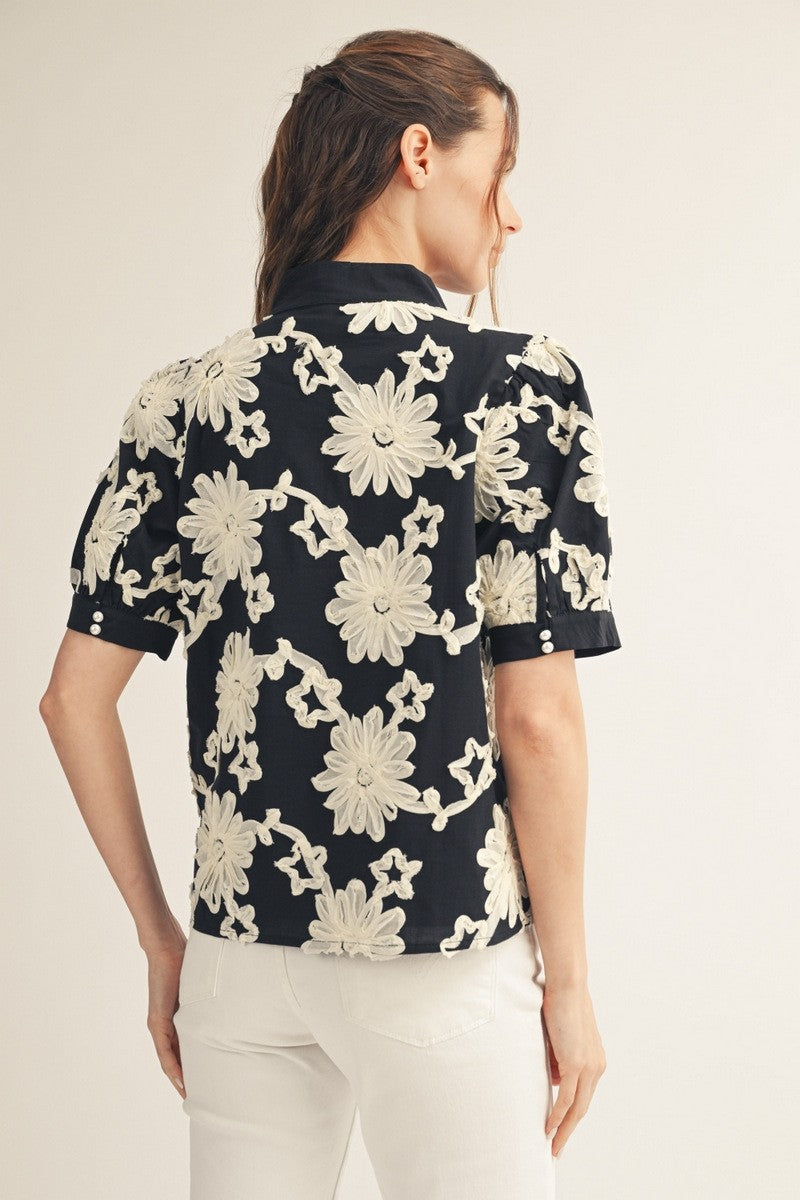 Short Puff Sleeves 3D Floral Top