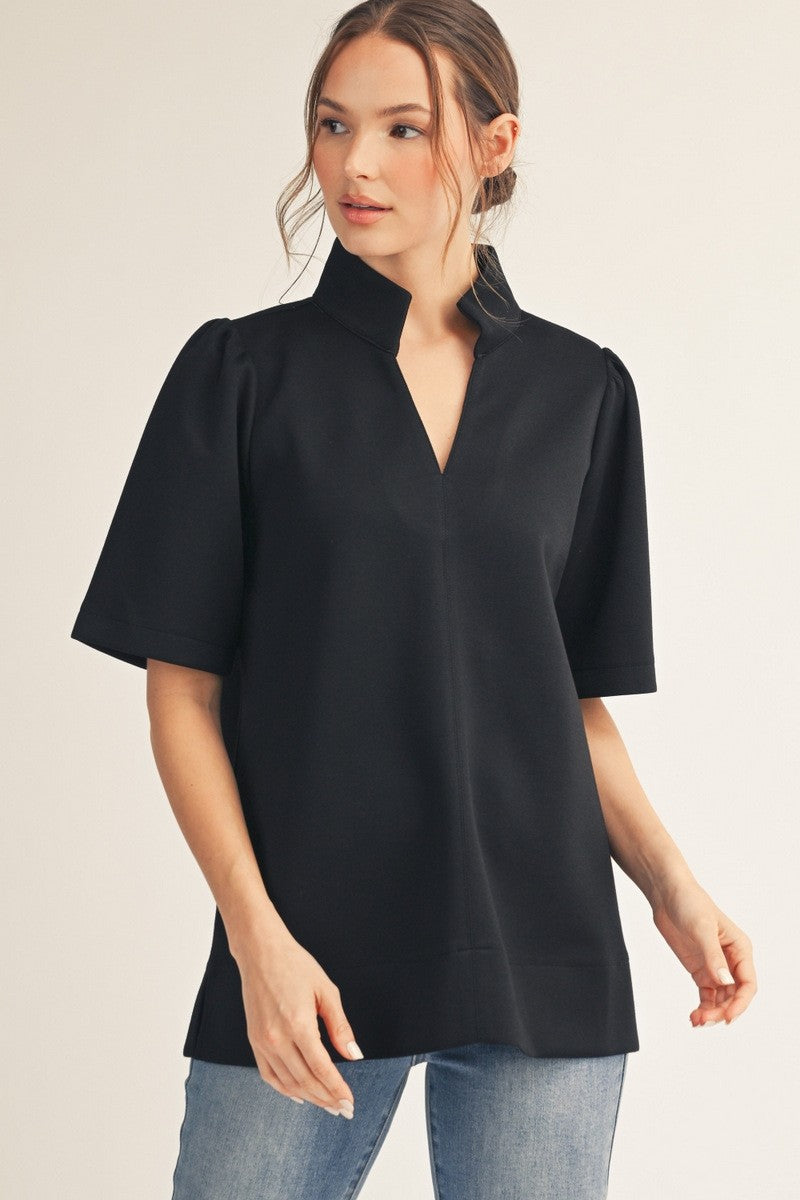 Black Standing Collar Puff Shoulder Top