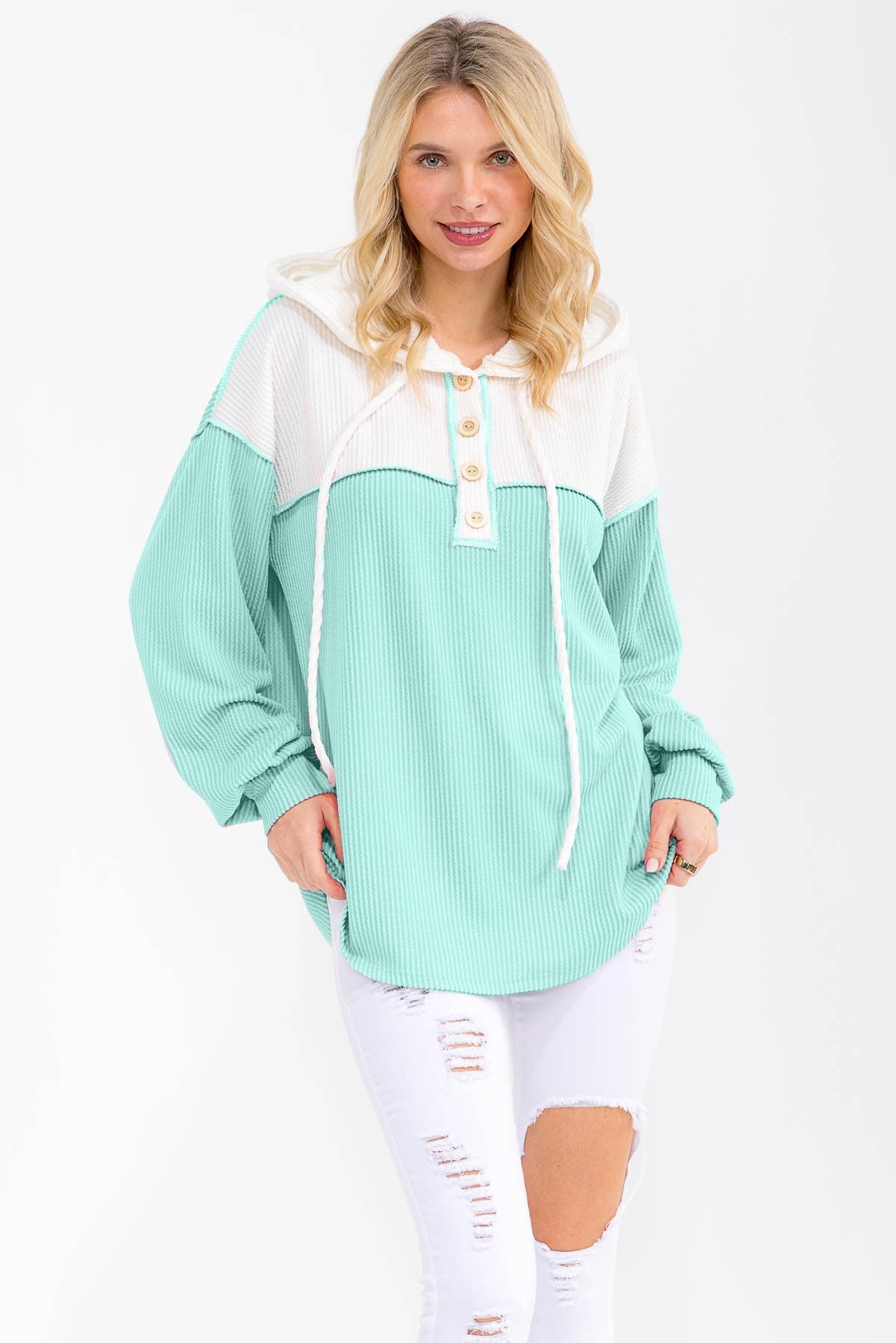 Mint and White Ribbed Hooded Henley