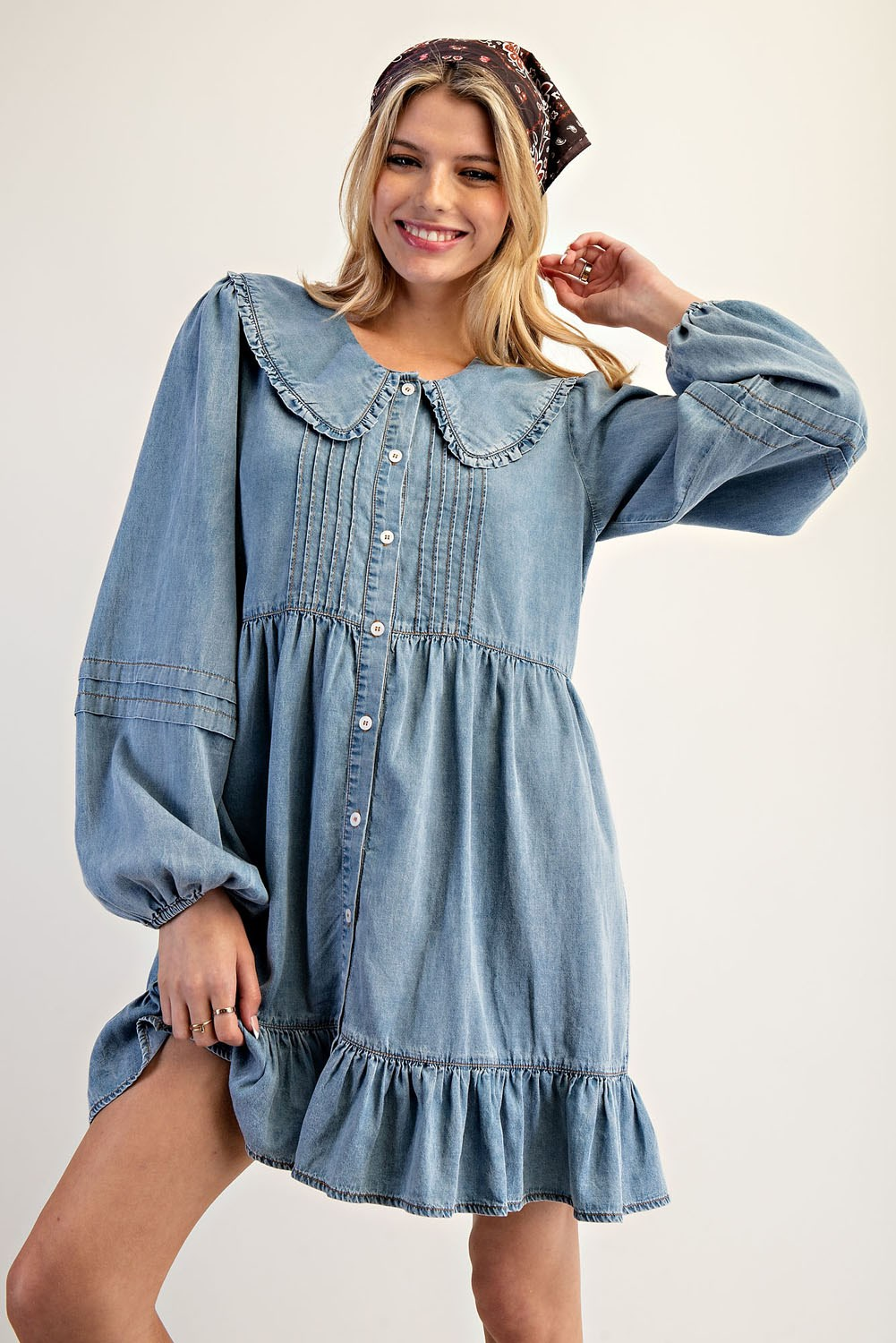 Denim Cape Collar Pleated Ruffle Dress