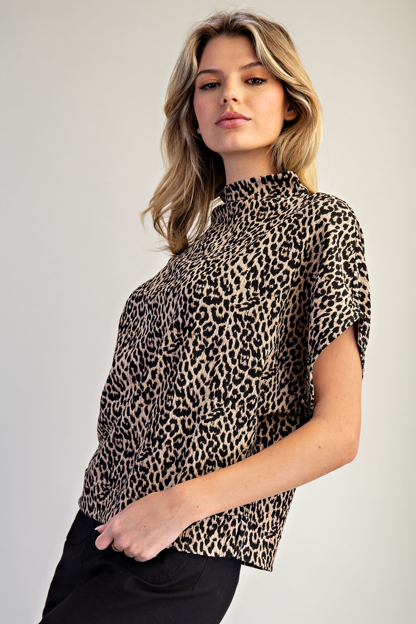 Leopard Print Mock Neck Dolman Sleeve Top