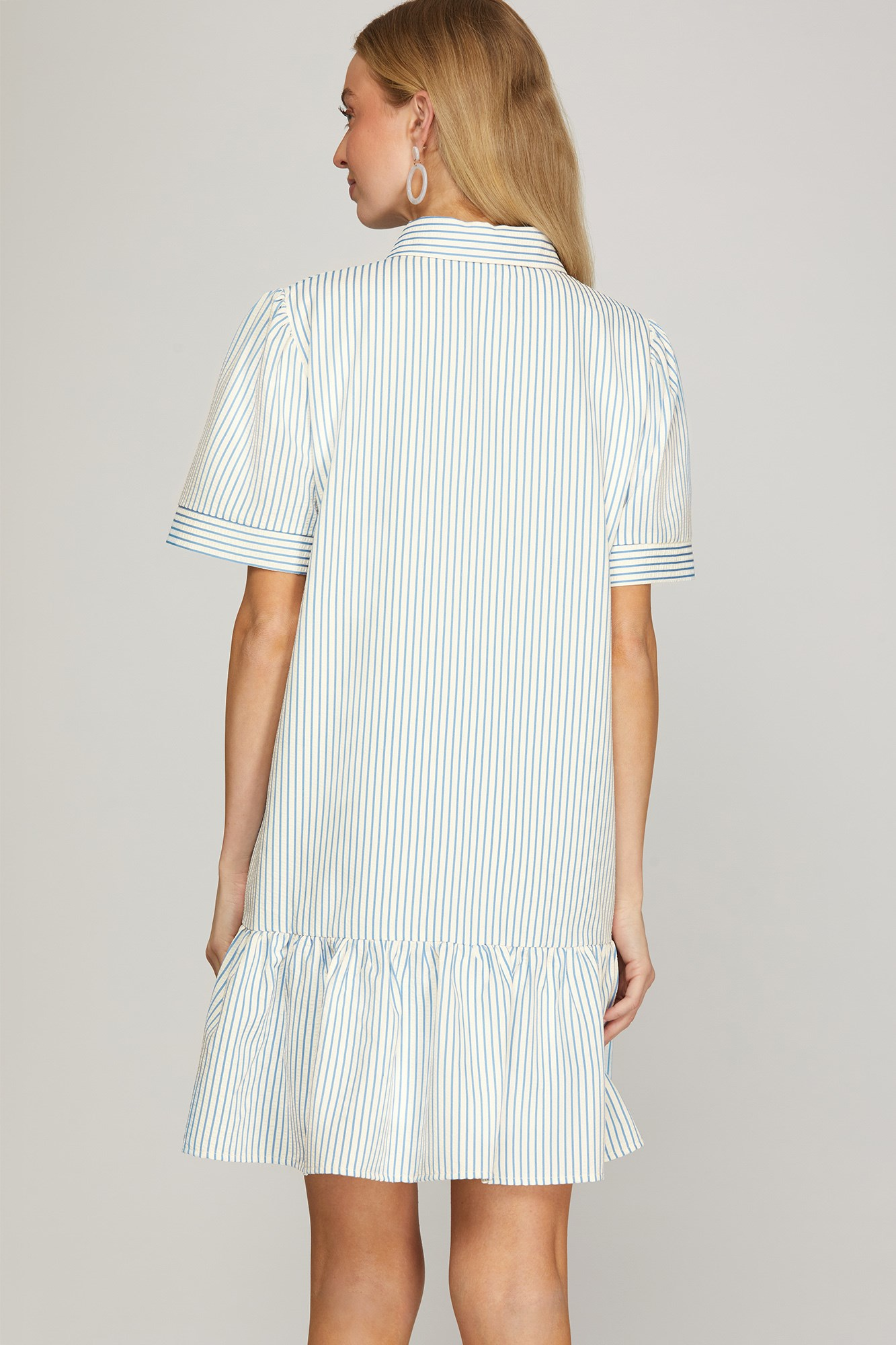 Short Sleeve Embroidered Blue Striped Dress