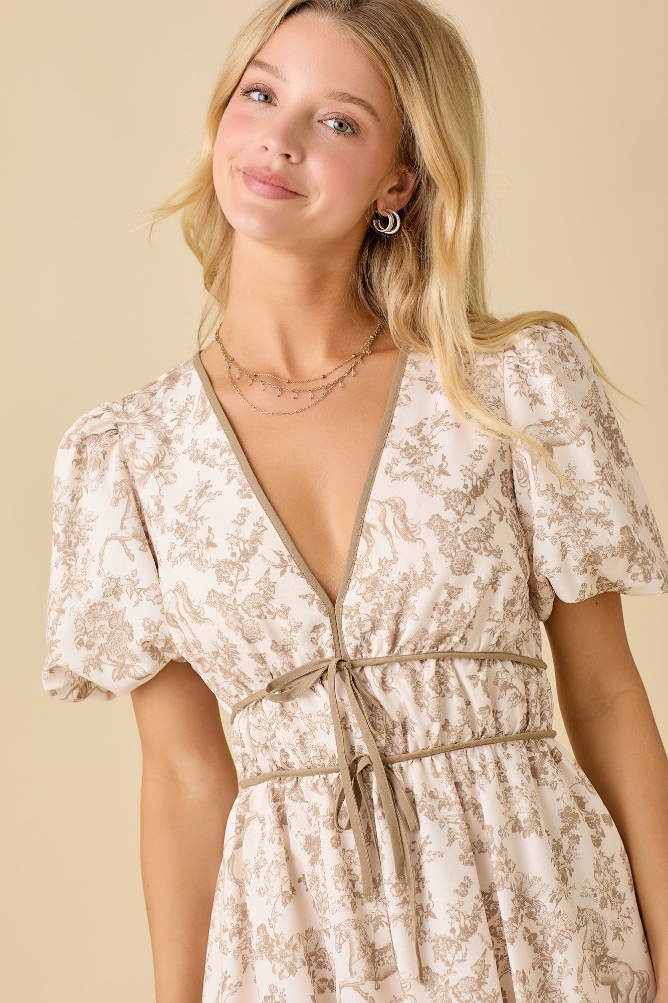 Taupe Horse Toile Ruffle Midi Dress
