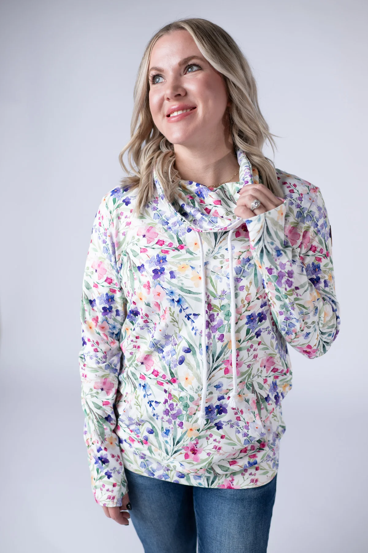 Curvy Floral Drawstring Funnel Neck Top
