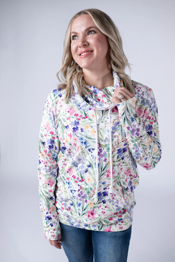 Curvy Floral Drawstring Funnel Neck Top