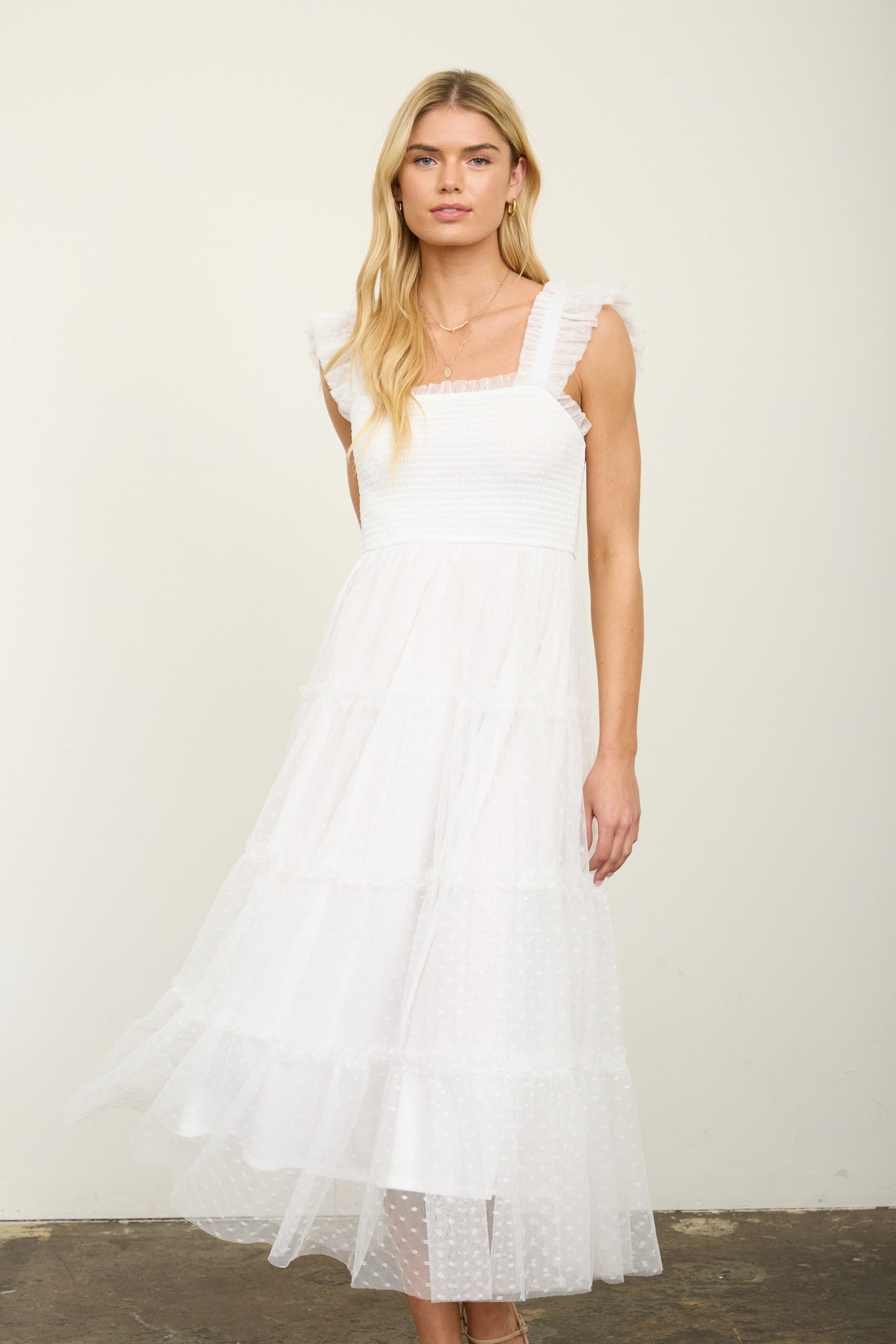 Polka Dot Print Tulle Tiered Midi Dress