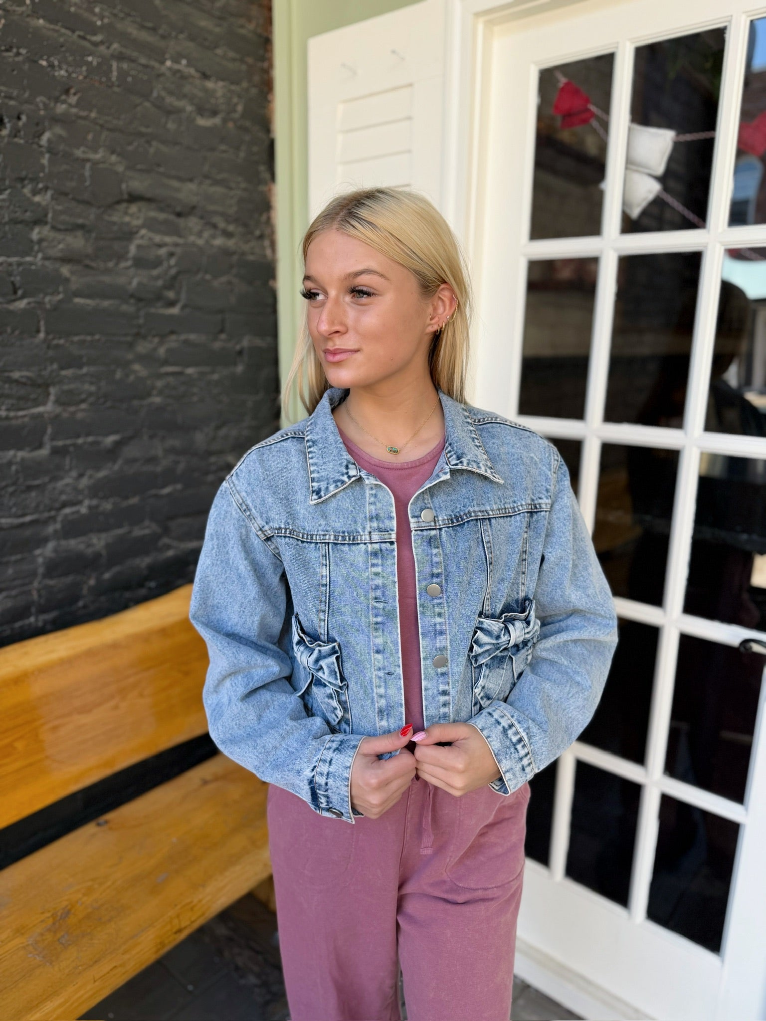 Denim Cropped Jacket with Bow pockets